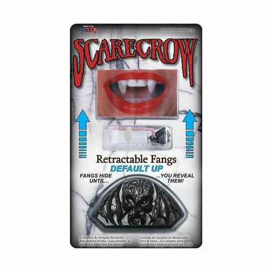 Förpackning med indragbara skräck-huggtänder märkta Scarecrow, som visar hur de kan dras in och ut ur en tanduppsättning.