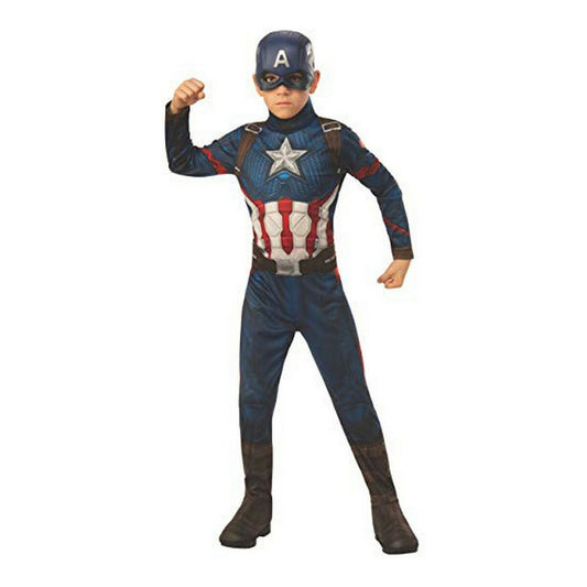 Ett barn klädd i en Captain America-maskeraddräkt som visar den blå, röda och vita uniformen med en stjärna på bröstet och en matchande hjälmmask med ett 'A' på.