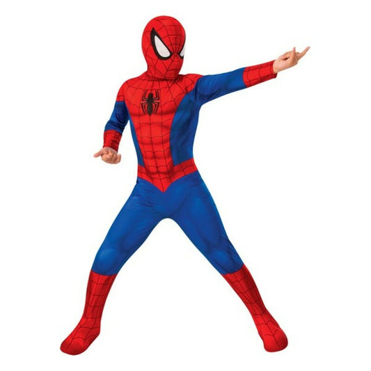 Ett barn som bär en helkroppsmaskeraddräkt föreställande Spiderman i rött och blått, med mask och spindelsymbol.