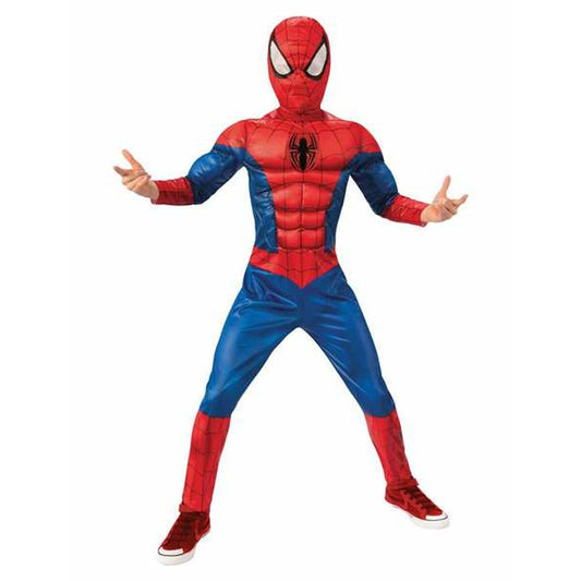 Barn som bär en röd och blå Spindelmannen maskeraddräkt med vadderade muskler och mask.