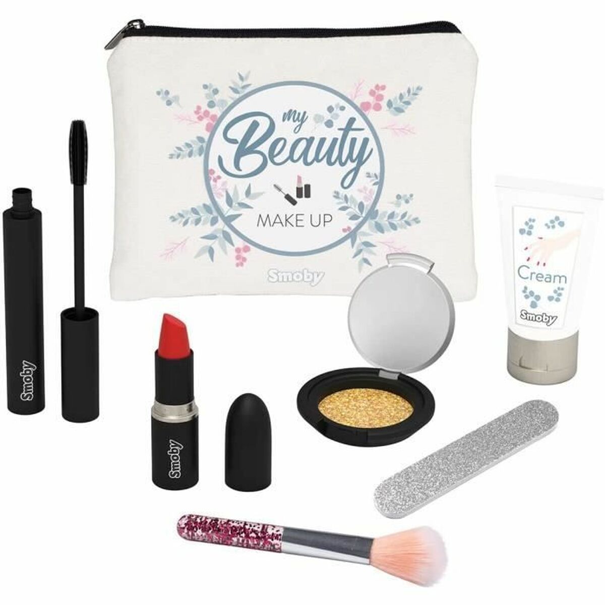 Ett sminkset för barn som innehåller en vit necessär med texten 'my Beauty MAKE UP', en röd läppstift, en mascara, en palett med guldig ögonskugga och spegel, en silverfärgad nagelfil och en sminkborste med glitterhandtag.