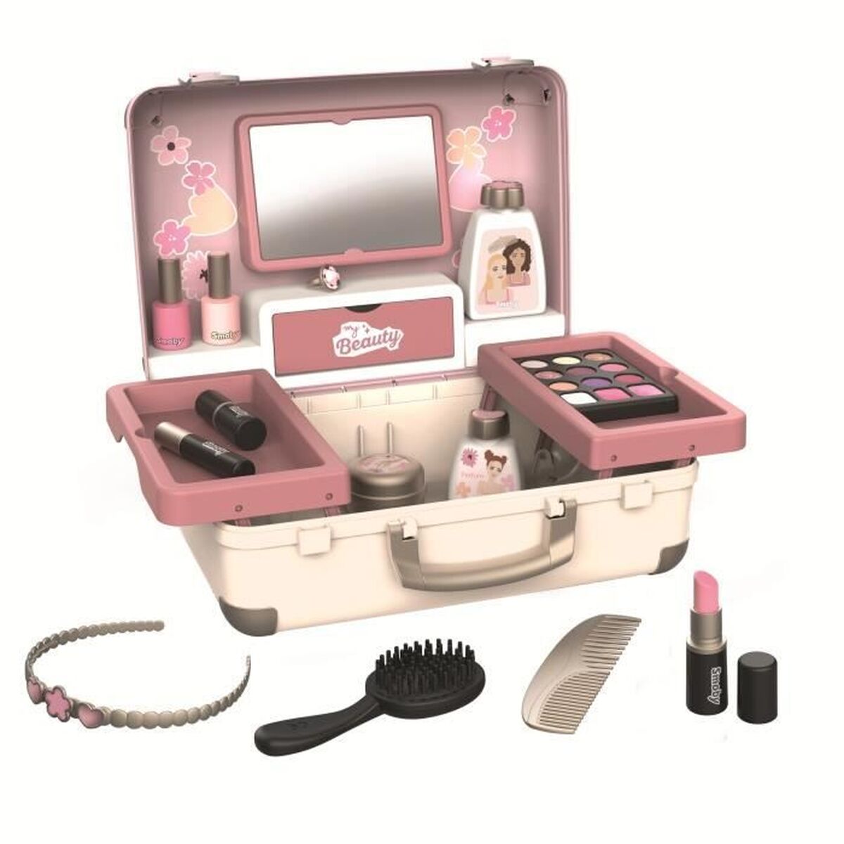 Ett rosa och beige sminkset för barn som ser ut som en resväska med spegel, sminkprodukter, borste och diadem.