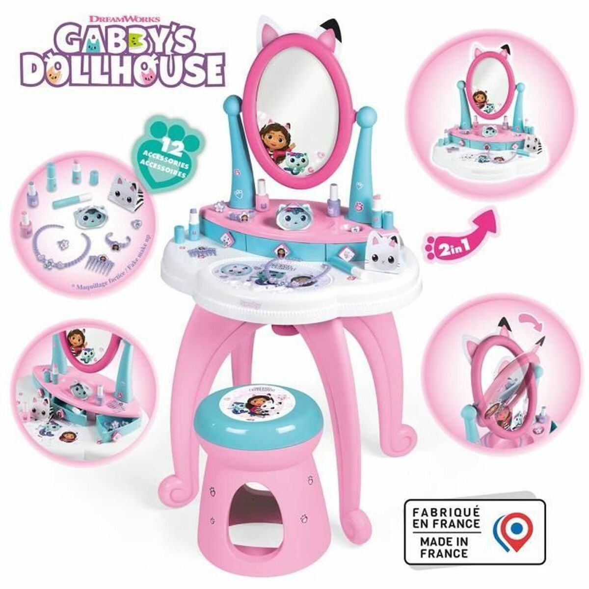 Ett rosa och turkost sminkbord för barn med Gabby's Dollhouse tema, inklusive en spegel med kattöron, pall och 12 olika sminkaccessoarer.
