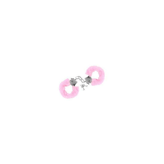 Ett par rosa, fuskpälsbeklädda bojor med metallkedja och två små nycklar liggandes bredvid.