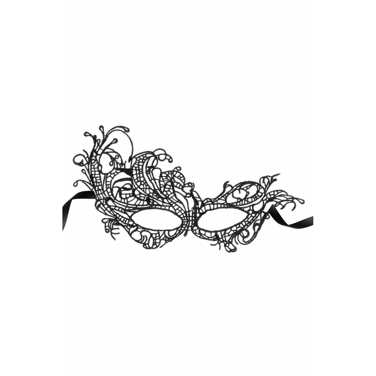 En elegant svart ögonmask i spets med snirkliga detaljer och svarta knytband mot en vit bakgrund.