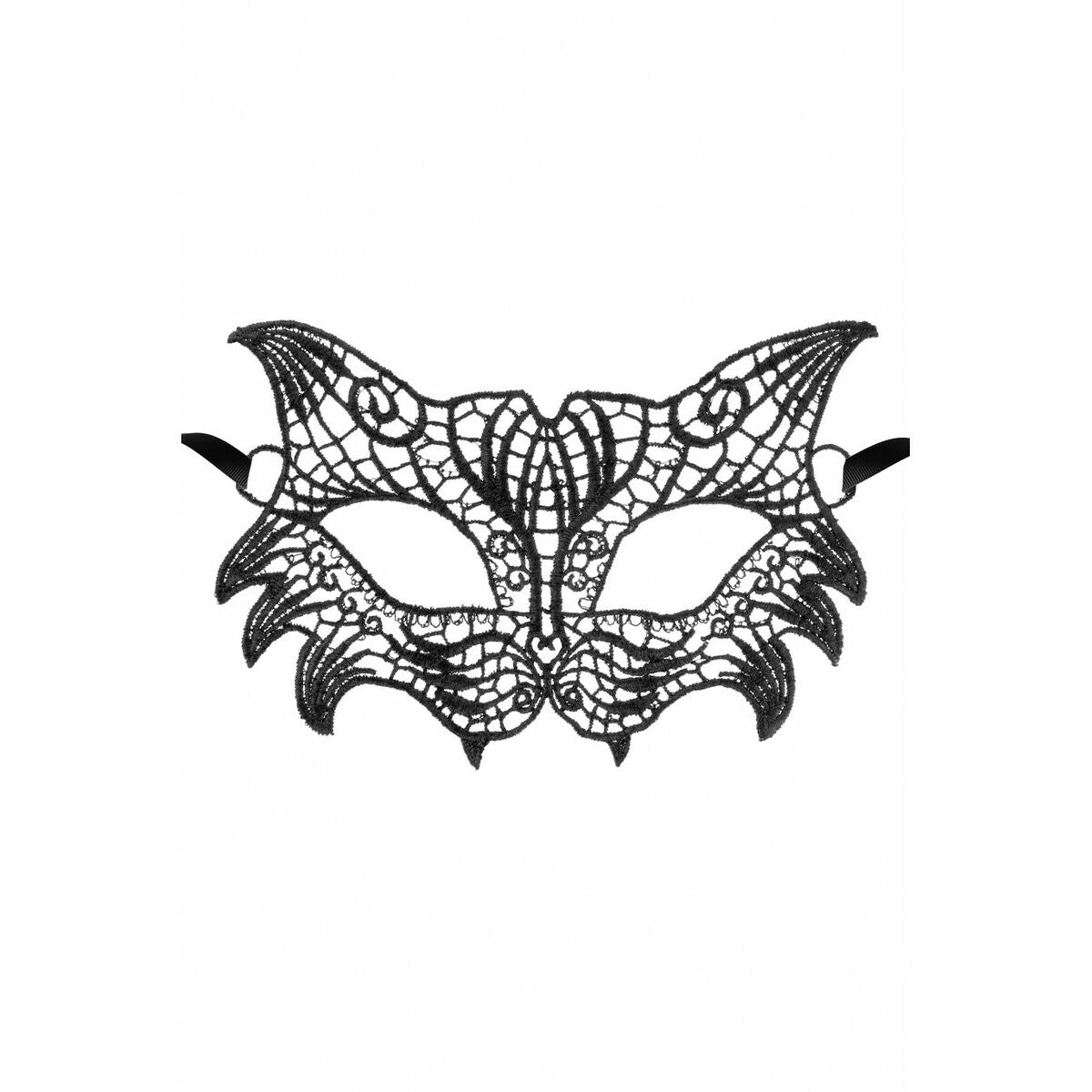En detaljerad svart ögonmask i spets med kattliknande öron på en vit bakgrund.
