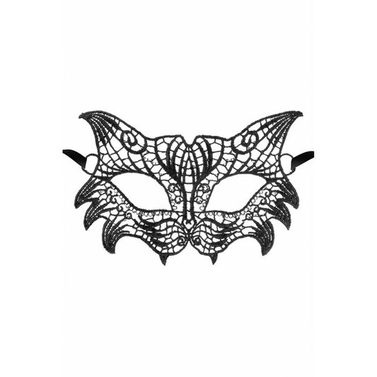 En detaljerad svart ögonmask i spets med kattliknande öron på en vit bakgrund.