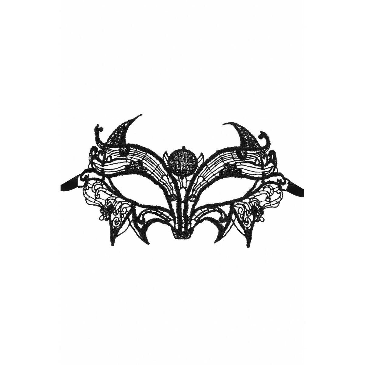 En detaljrik svart ögonmask i spets med eleganta mönster och svarta knytband för maskerad.