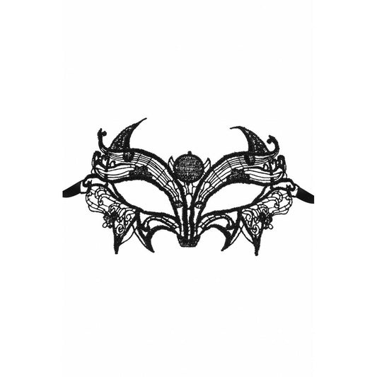 En detaljrik svart ögonmask i spets med eleganta mönster och svarta knytband för maskerad.