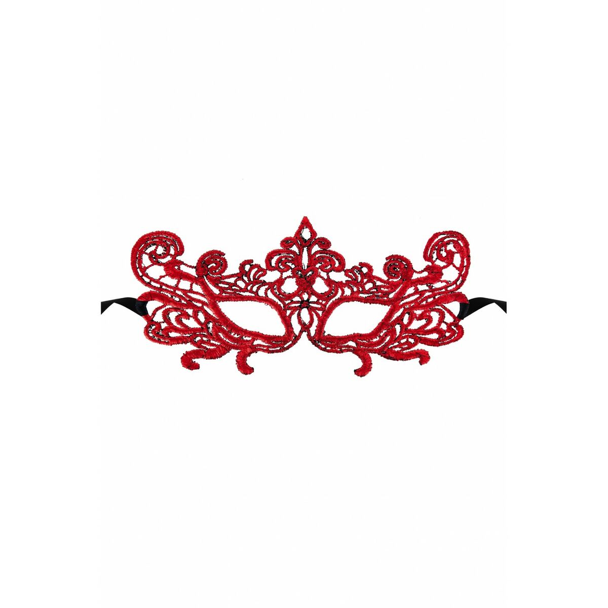 En detaljerad röd ögonmask i spets med svarta knytband för maskerad.