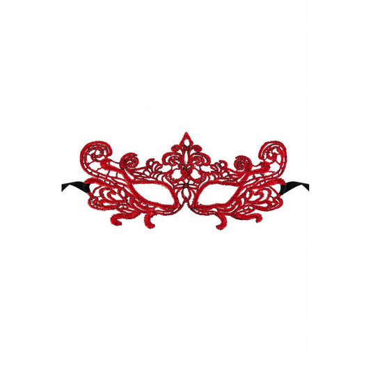 En detaljerad röd ögonmask i spets med svarta knytband för maskerad.