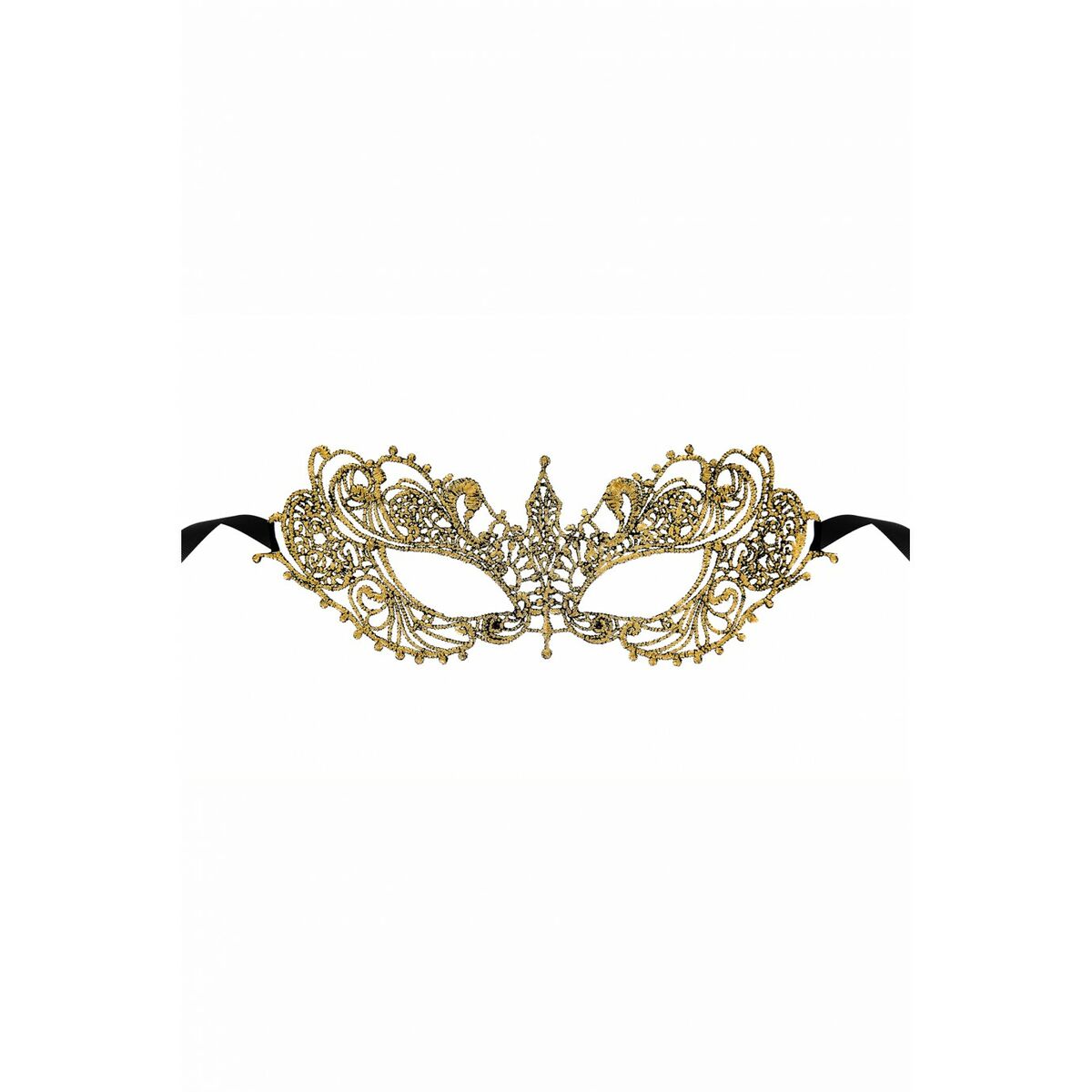 En detaljrik och elegant ögonmask i guld med ett spetsliknande mönster och svarta knytband.
