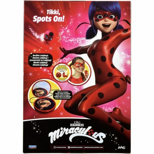 Barnmaskeraddräkt från Miraculous Ladybug i rött och svart med prickar, som visar en tjej som bär masken och tillhörande accessoarer.