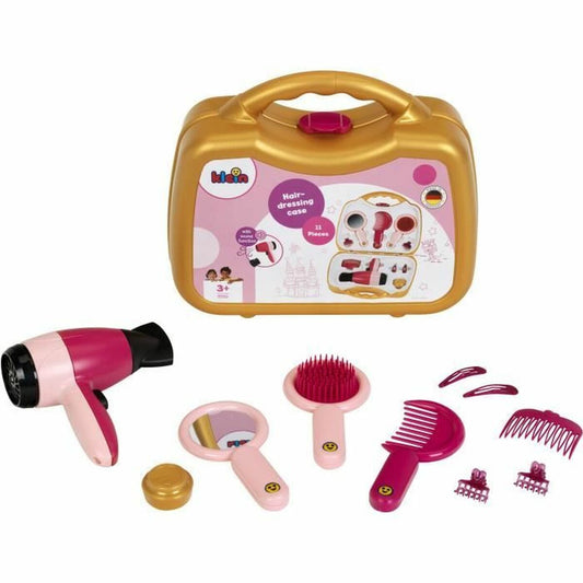 Ett guld- och cerisefärgat hårstyling-set från Klein Toys med en bärbar väska, en leksaks-hårfön, spegel, borstar, kammar och hårklämmor.