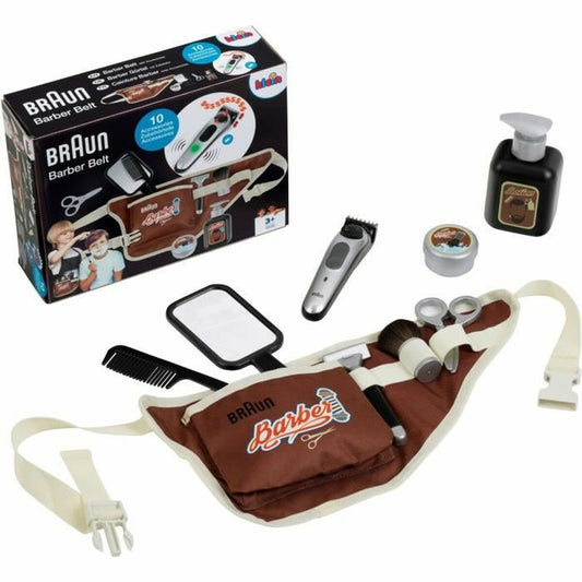 Ett brunt leksaksbälte med Braun Barber-tryck, innehållandes 10 tillbehör som en leksakstrimmer, spegel, kam och sax, bredvid sin svarta och bruna förpackningskartong.