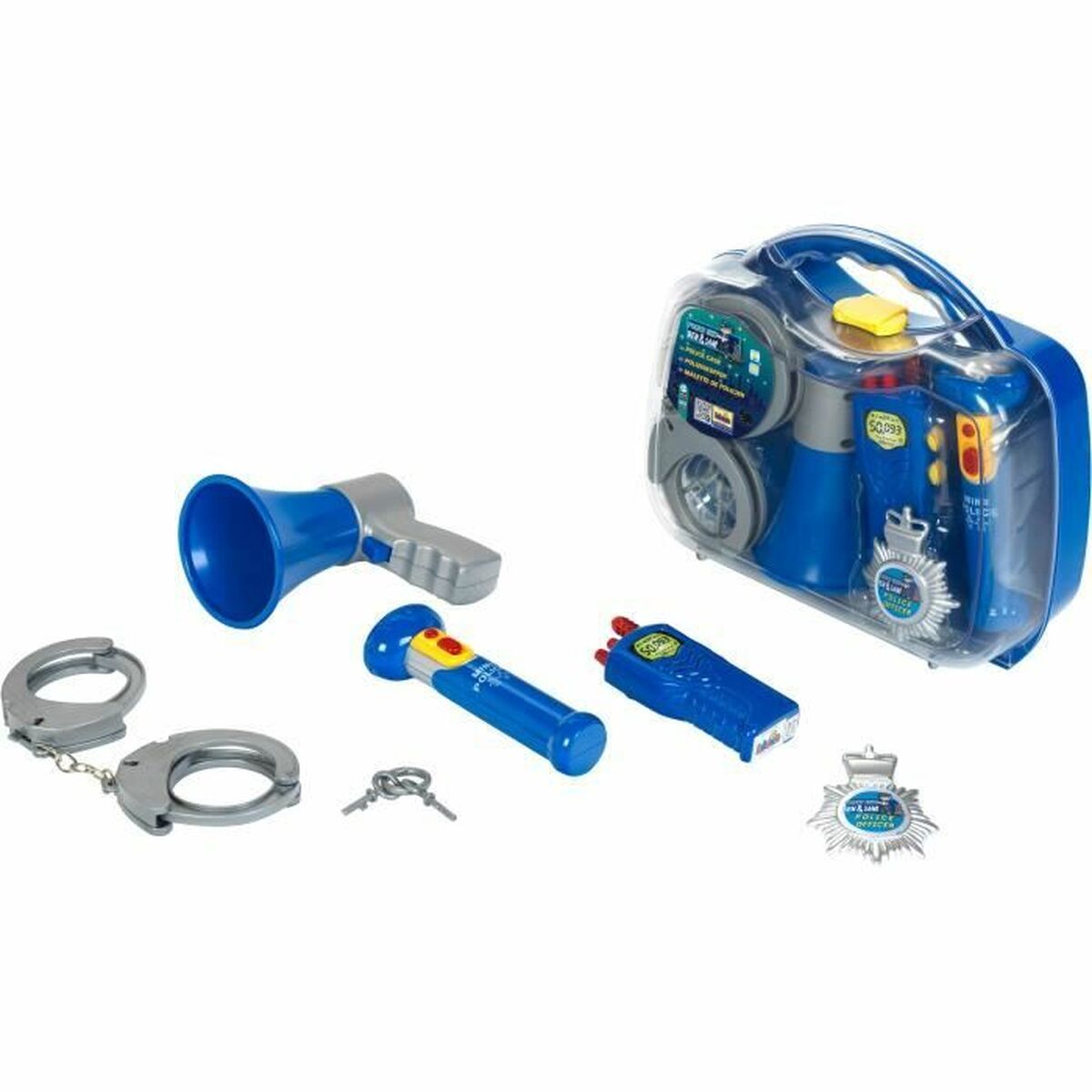 En samling blåa och silverfärgade polisaccessoarer för barn, inklusive handbojor, megafon, ficklampa och polisbrickor, förpackade i en genomskinlig bärväska.