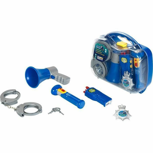 En samling blåa och silverfärgade polisaccessoarer för barn, inklusive handbojor, megafon, ficklampa och polisbrickor, förpackade i en genomskinlig bärväska.