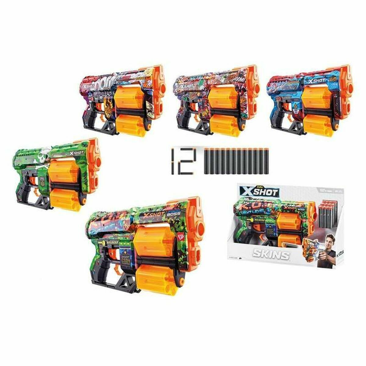 En samling av Zuru X-Shot leksakspistoler i olika färger och mönster, tillsammans med en låda med pilar.