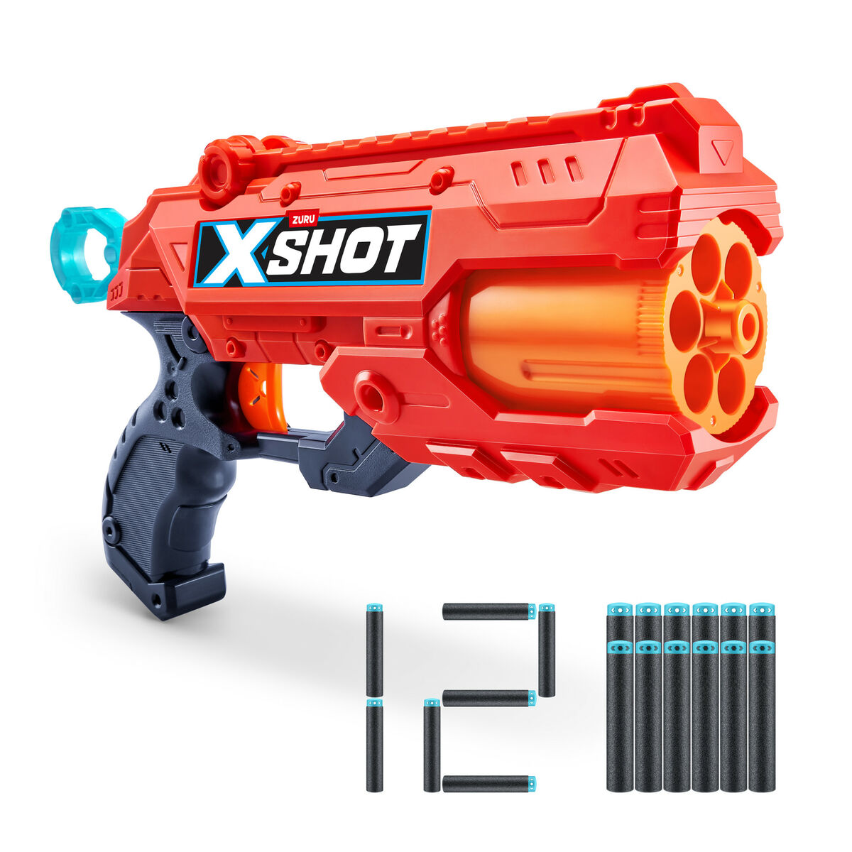 En röd och svart leksakspistol märkt X-Shot som kommer med tolv svarta skumpilar, varav sex ligger utplacerade i form av siffran 12.