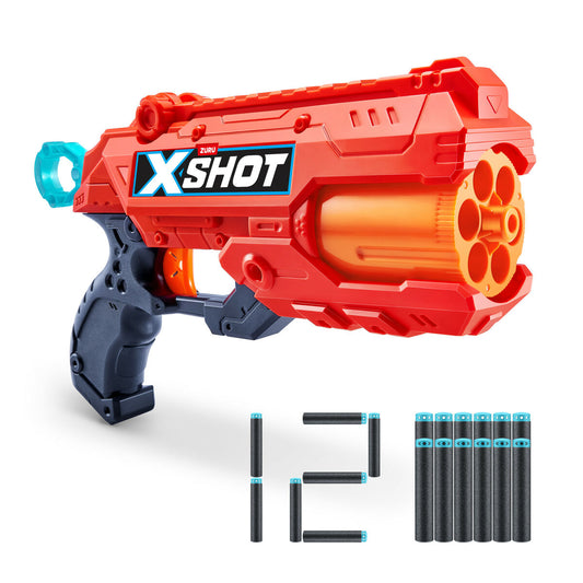 En röd och svart leksakspistol märkt X-Shot som kommer med tolv svarta skumpilar, varav sex ligger utplacerade i form av siffran 12.