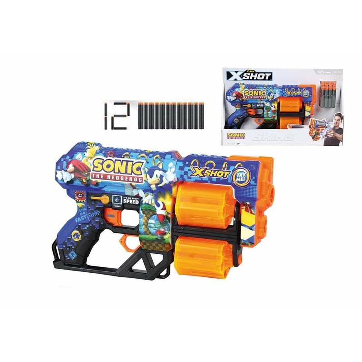 En blå och orange X-Shot leksakspistol med Sonic the Hedgehog-tema, komplett med Sonic-grafik och ett roterande magasin. Tolv svarta och orangea pilar ligger bredvid.
