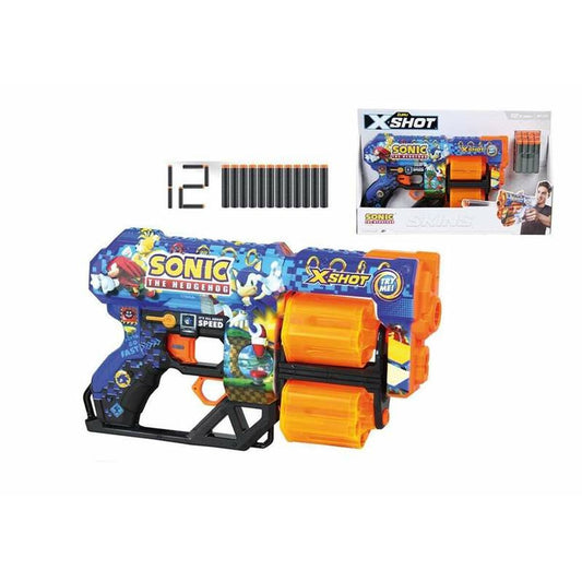 En blå och orange X-Shot leksakspistol med Sonic the Hedgehog-tema, komplett med Sonic-grafik och ett roterande magasin. Tolv svarta och orangea pilar ligger bredvid.