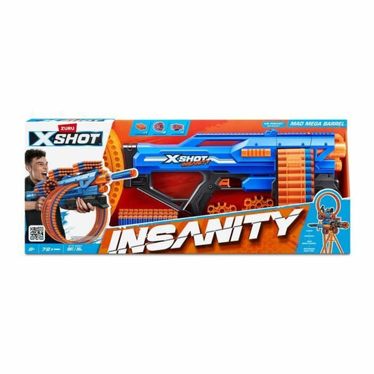 En blå och orange XSHOT Insanity Mad Mega Barrel pistol med ett stort, runt magasin för pilar, förpackad i en färgglad kartong.