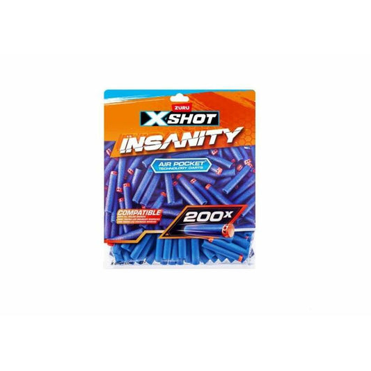 Förpackning med 200 stycken blå X-Shot Insanity Air Pocket Technology darts för leksaksvapen.