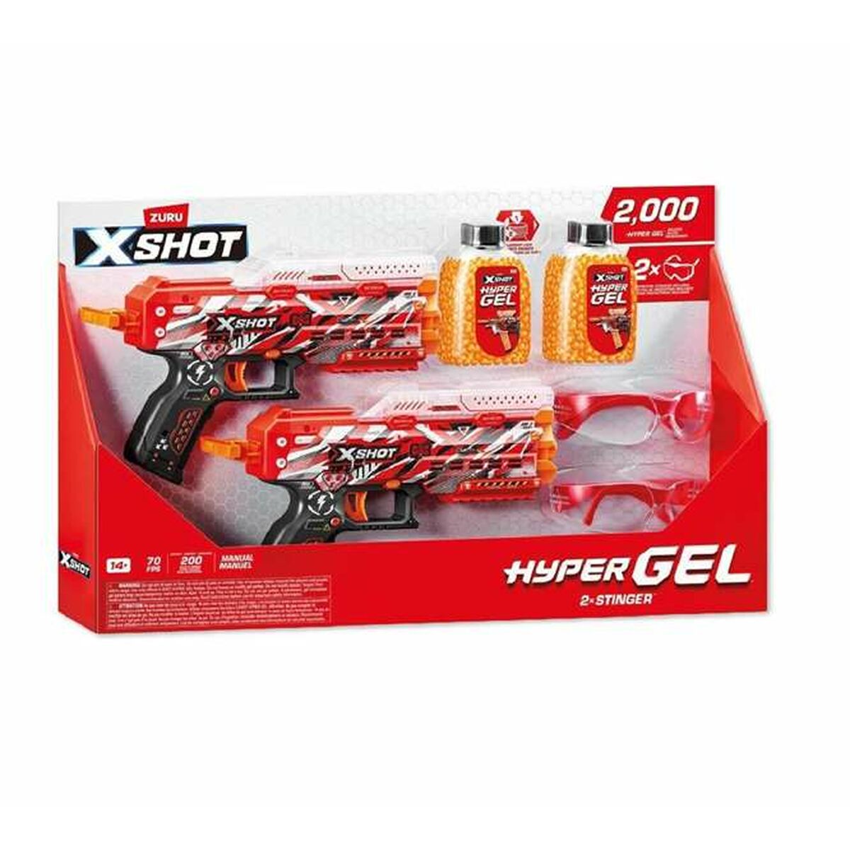 Ett set med två röd-svarta leksakspistoler som skjuter gelskott, inklusive två skyddsglasögon och två burkar med 2000 Hyper Gel-skott.