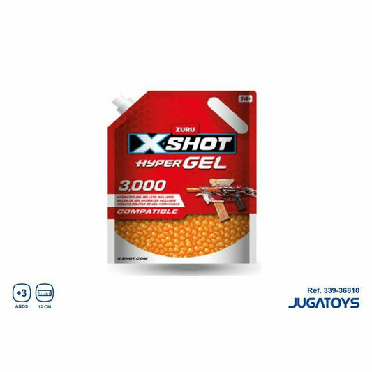 En röd påse med X-Shot Hyper Gel som innehåller 3000 orange gelkulor och har texten '3000 HYDRATED GEL PELLETS INCLUDED'.