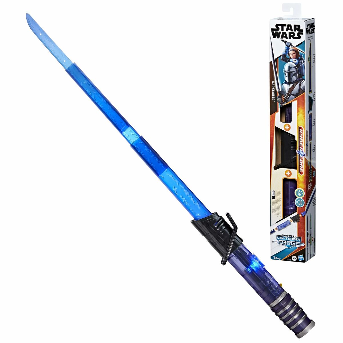 Ett blått elektroniskt leksakssvärd kallat Darksaber från Star Wars Lightsaber Forge-serien, som visas bredvid sin förpackning.