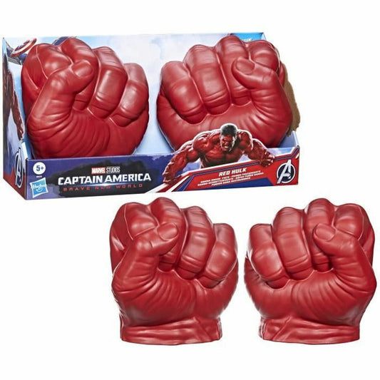 Ett par stora, röda actionfigur-nävar i skumplast för barn, förpackade med Marvel Studios Captain America: Brave New World-logotypen och en bild på Red Hulk.