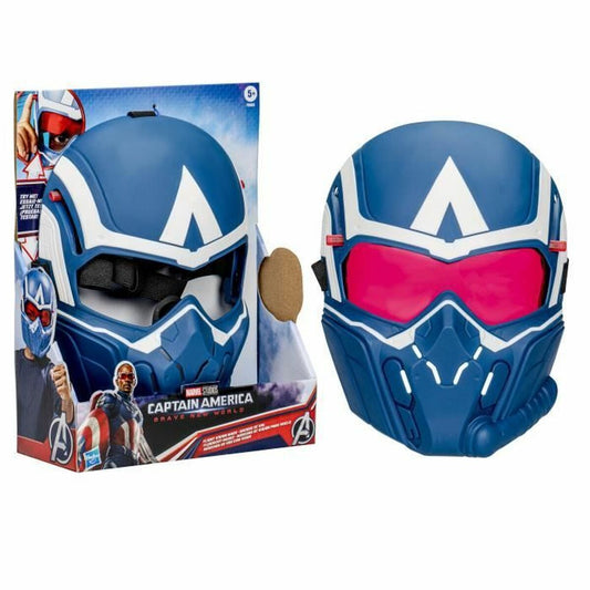 En blå och vit Captain America-mask för barn med röda visir, visad både på sin förpackning och separat.
