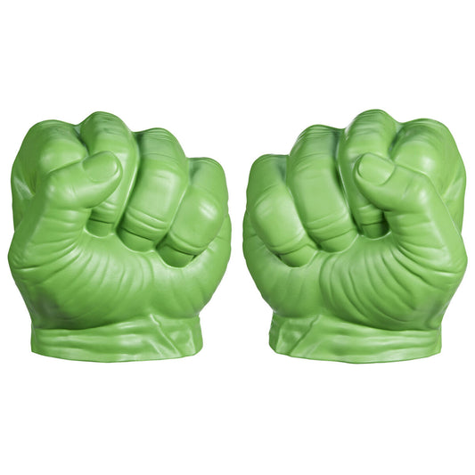 Två stora, muskulösa och knutna nävar i en stark grön färg, som föreställer Hulks händer.
