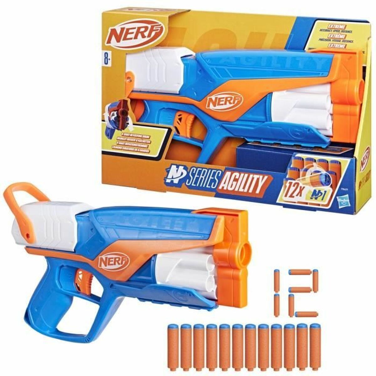 En blå och orange Nerf-pistol från N-Strike-serien, visad bredvid sin förpackning och tolv matchande orangea pilar.