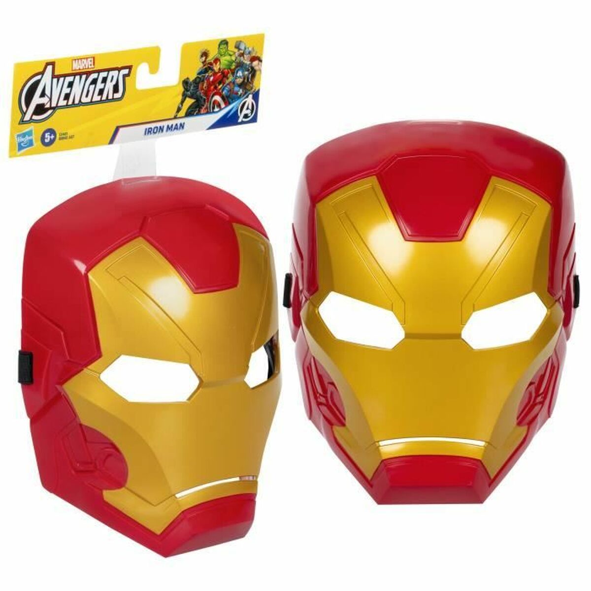 Två röda och guldiga Iron Man-masker från Marvel Avengers-serien, förpackade med en hängare som visar logotypen och åldersrekommendationen 5+.