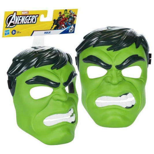 Två gröna Hulk-masker med mörkt hår och blottade tänder, förpackade under ett Avengers-kort.