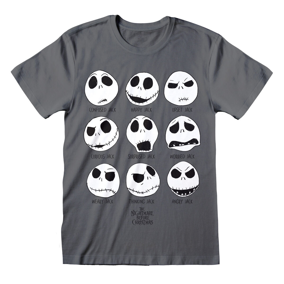 En mörkgrå unisex t-shirt med kort ärm där nio olika ansiktsuttryck av karaktären Jack visas i ett rutmönster, med etiketter som Confused Jack, Happy Jack och Angry Jack.