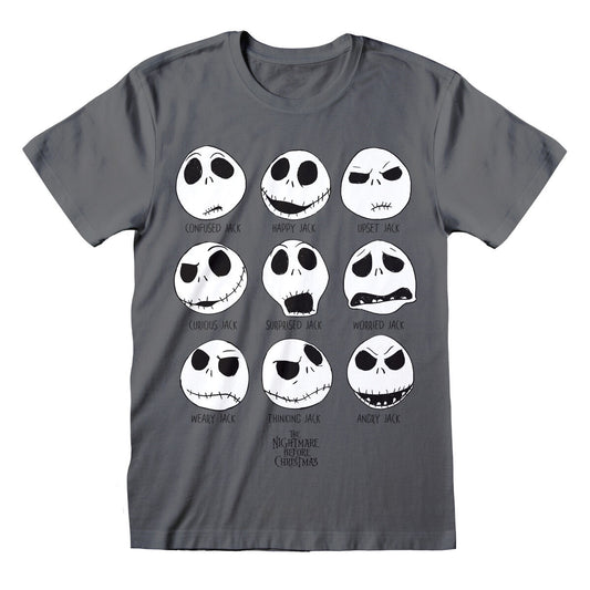 En mörkgrå unisex t-shirt med kort ärm där nio olika ansiktsuttryck av karaktären Jack visas i ett rutmönster, med etiketter som Confused Jack, Happy Jack och Angry Jack.