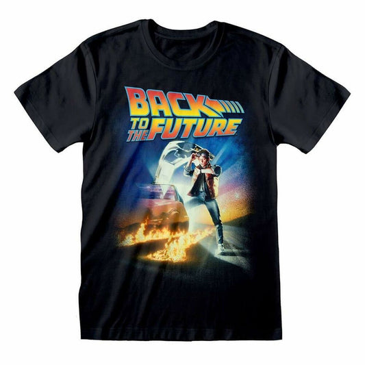 Svart unisex kortärmad t-shirt med tryck av Back to the Future filmaffischen som visar Marty McFly framför en brinnande DeLorean.