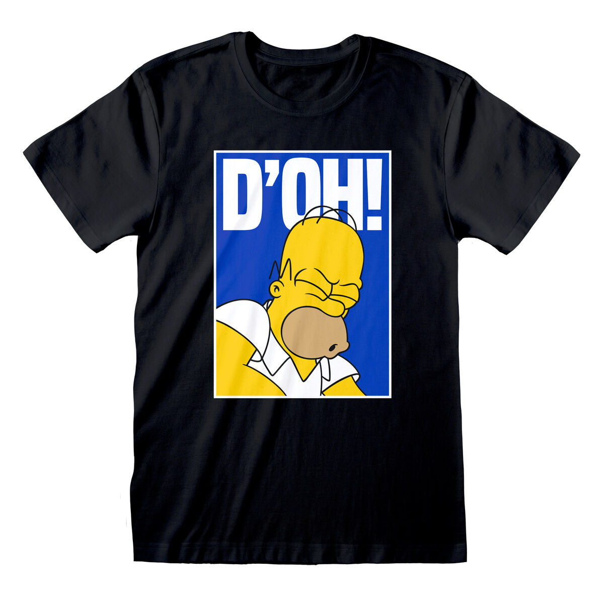 Närbild på en svart, kortärmad unisex t-shirt med ett stort tryck av Homer Simpsons ansikte som utbrister 'D'OH!' mot en blå bakgrund.