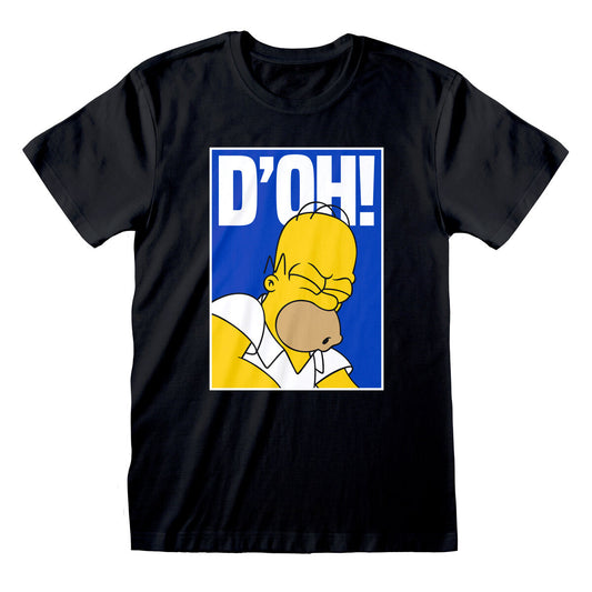 Närbild på en svart, kortärmad unisex t-shirt med ett stort tryck av Homer Simpsons ansikte som utbrister 'D'OH!' mot en blå bakgrund.