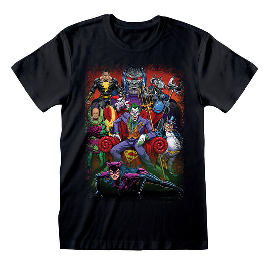Svart unisex t-shirt från DC Comics med ett stort tryck av flera kända skurkar som Jokern, Catwoman, Lex Luthor och Darkseid i en gruppbild.