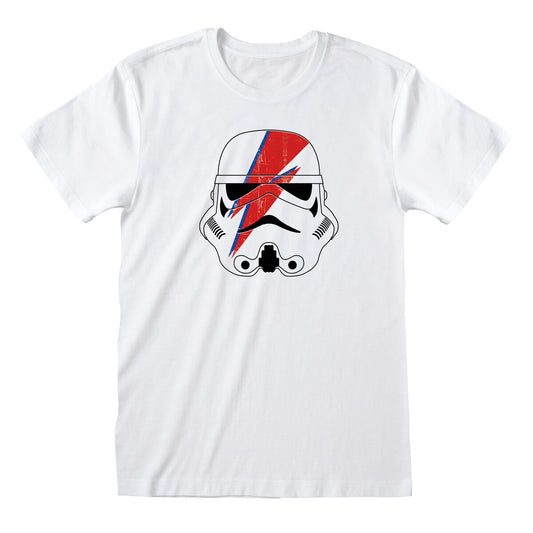 Vit kortärmad unisex t-shirt från Star Wars med ett tryck av en Stormtrooperhjälm dekorerad med en röd och blå blixt i stil med David Bowies Ziggy Stardust.