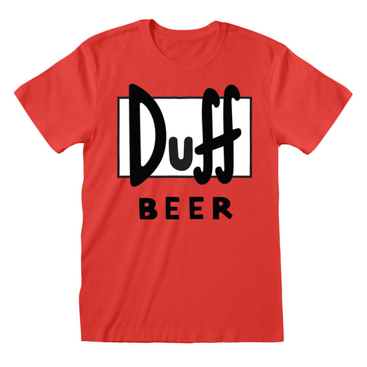 En kortärmad, röd unisex t-shirt med det svarta trycket av 'Duff' i en vit rektangel, följt av texten 'BEER' i svart undertill.