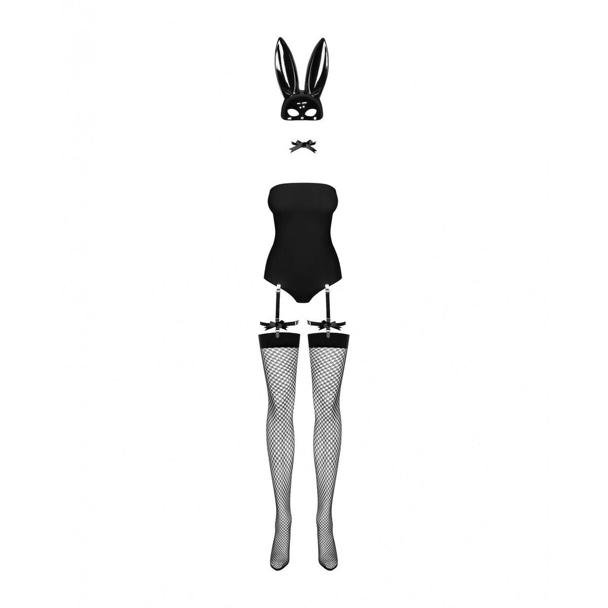 En illustration som visar alla delar i bunny-kitet: svart body, öronmask, fluga, strumphållare och nätstrumpor.