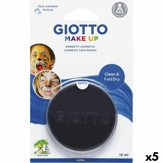 Förpackning med fem burkar svart ansiktsfärg från Giotto Make Up, som visar bilder på barn med ansiktsmålningar.