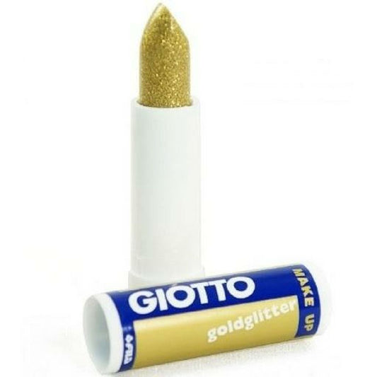 Ett öppet läppstift med gyllene glitterinnehåll står upprätt, bredvid ligger hylsan märkt Giotto goldglitter make up.