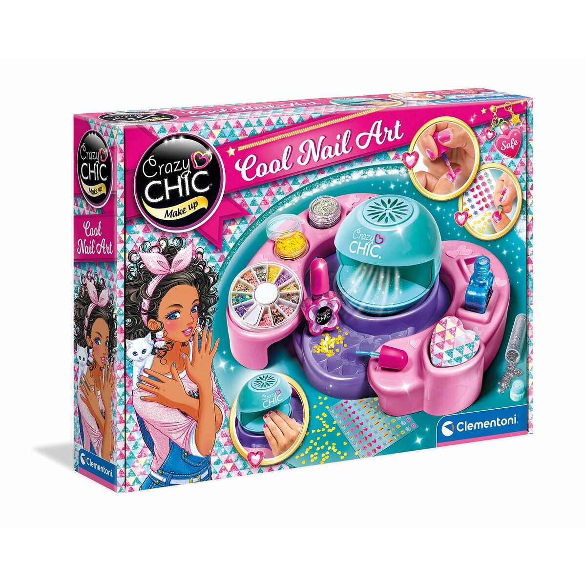 En färgglad förpackning för ett kreativt nagelset som innehåller en arbetsstation med nageltork, nagellack, glitter och klistermärken för barn.