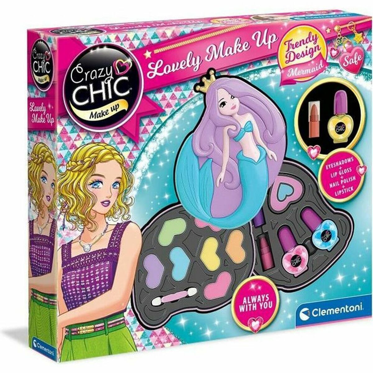 Förpackningen till ett Crazy Chic sminkset för barn som har en sjöjungfruformad behållare och innehåller ögonskuggor, läppglans, nagellack och läppstift i flera färger.